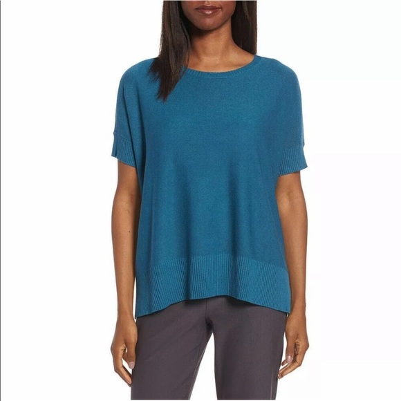 Eileen Fisher Tops - EILEEN FISHER Nile Blue Sleek Tencel Merino Wool Knit Boxy Sweater Top